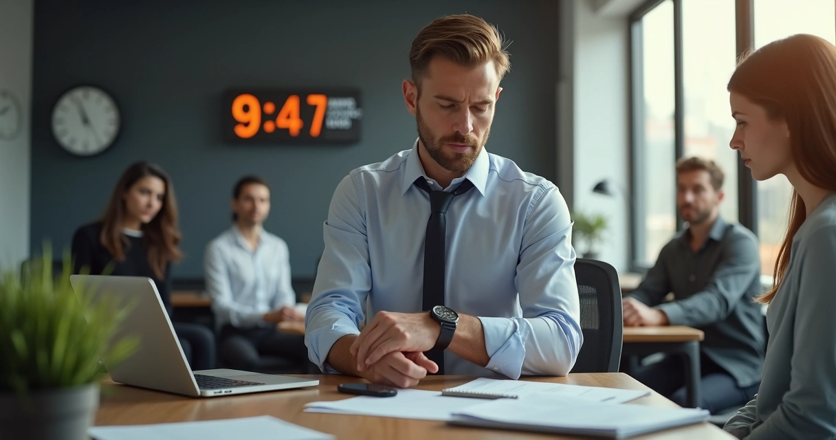 Gestor olhando relógio em escritório moderno 
