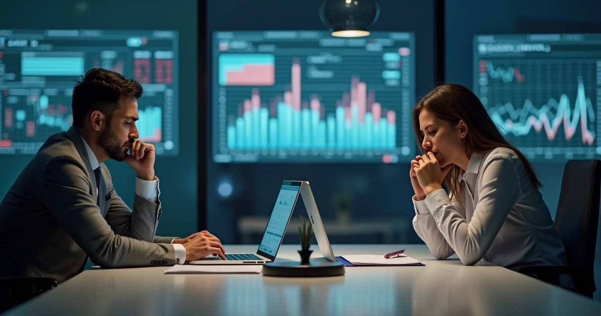 Pessoas em reunião de trabalho, algumas demonstrando ansiedade