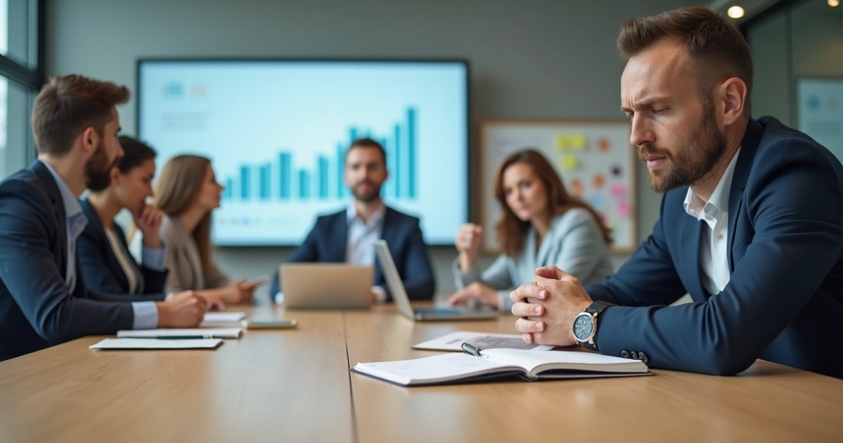 Profissional ansioso em reunião corporativa olhando para o relógio 