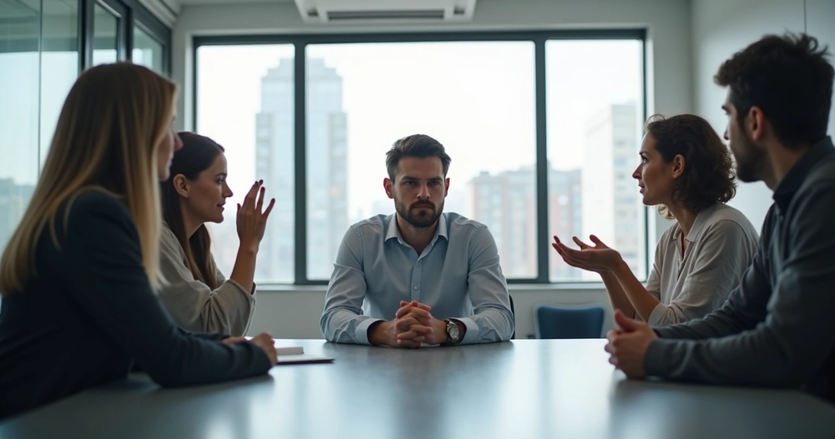 Pessoa em reunião de trabalho, expressão neutra, enquanto todos estão atentos. 