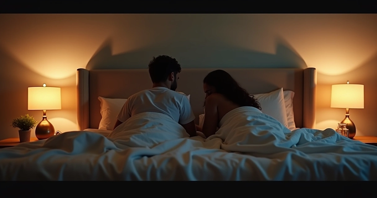 Casal se afastando na cama, cada um olhando para o lado 
