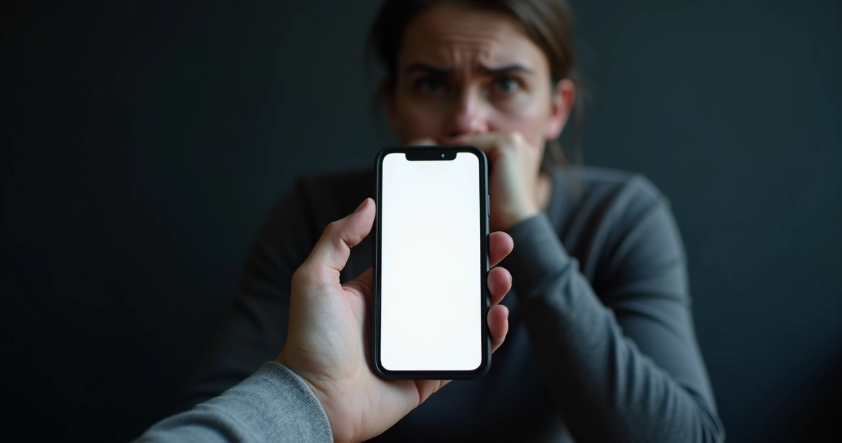 Mão segurando um celular sem notificações, rosto preocupado de fundo 