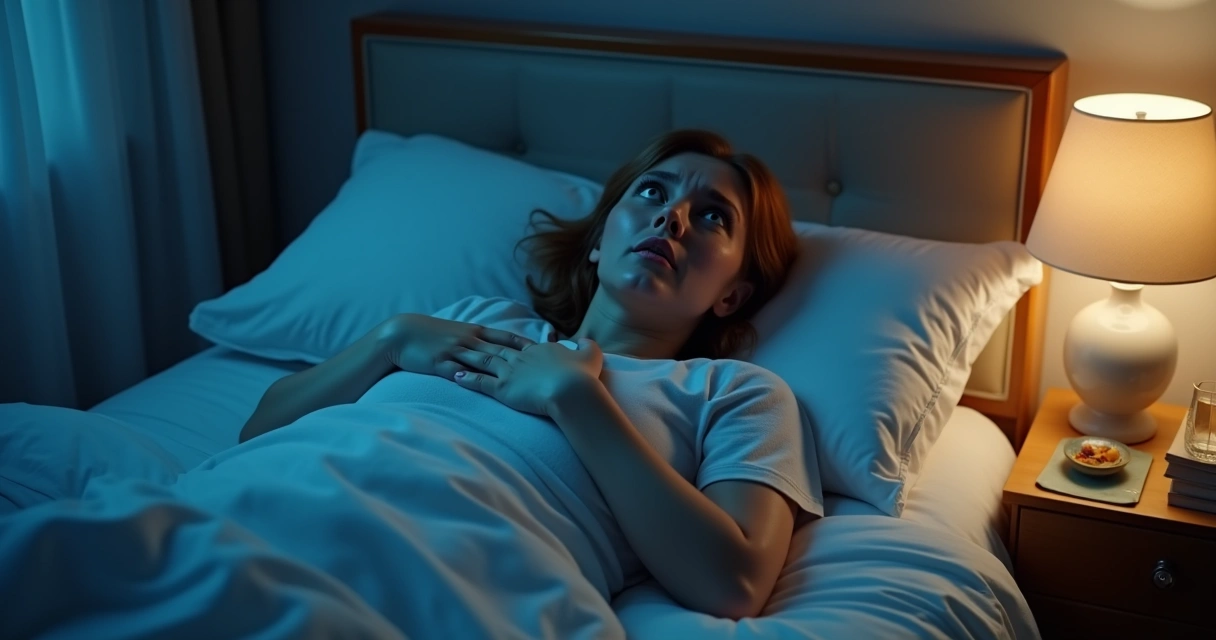 Pessoa deitada na cama, olhando para o teto, com expressão de inquietação e mãos no peito, ambiente suave com detalhes do quarto visíveis 
