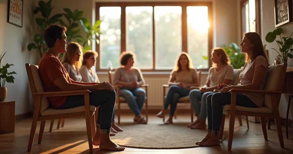 Pessoa em roda de conversa com grupo mostrando equilíbrio entre ansiedade e conexão social 