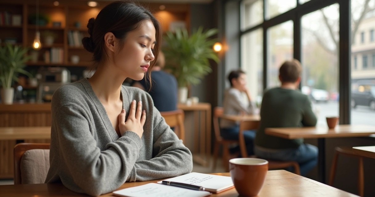 Pessoa em um café movimentado praticando convivência consciente em meio à ansiedade social 