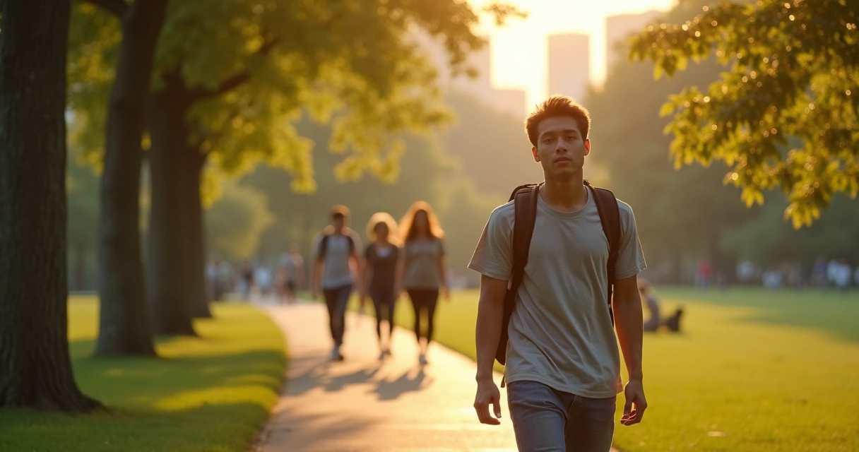 Jovem caminhando com pequeno grupo em parque respirando fundo com postura confiante 