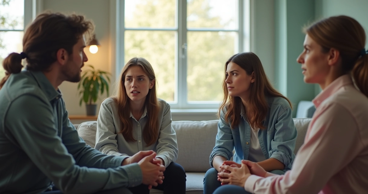 Pessoas sentadas em círculo em uma sala clara, uma pessoa olhando para baixo, parecendo nervosa enquanto outras conversam 
