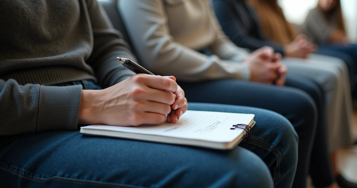 Pessoa segurando caderno no colo, sentada em grupo, expressão tranquila. 