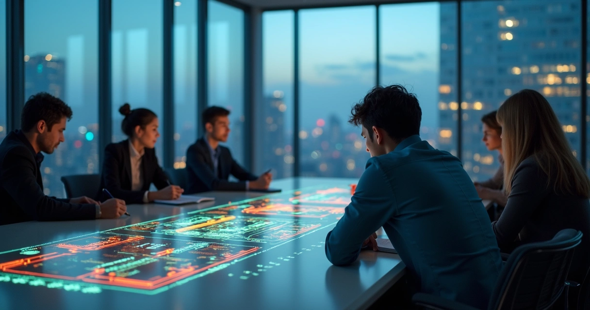 Pessoa ansiosa em reunião rodeada por grupo decidindo em painel digital 