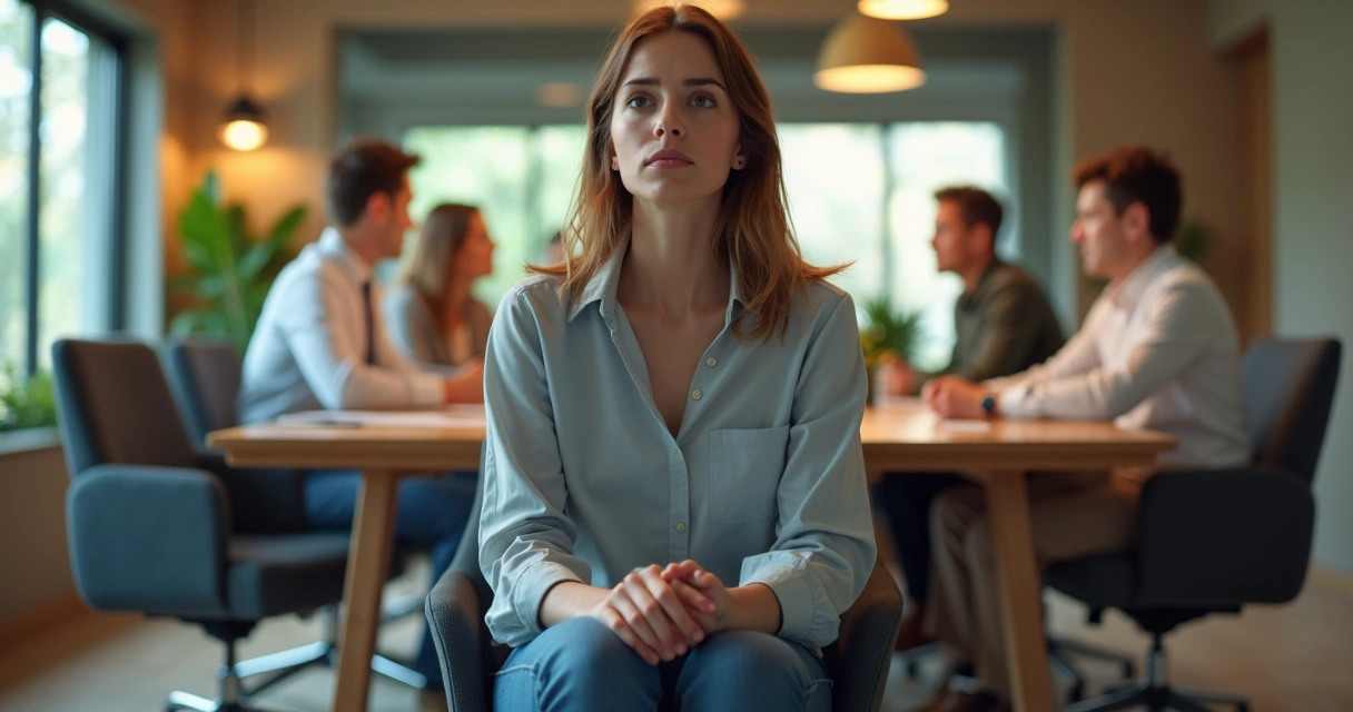 Pessoa sentada em sala de reunião, aparentando nervosismo discreto, enquanto outras pessoas conversam ao fundo 