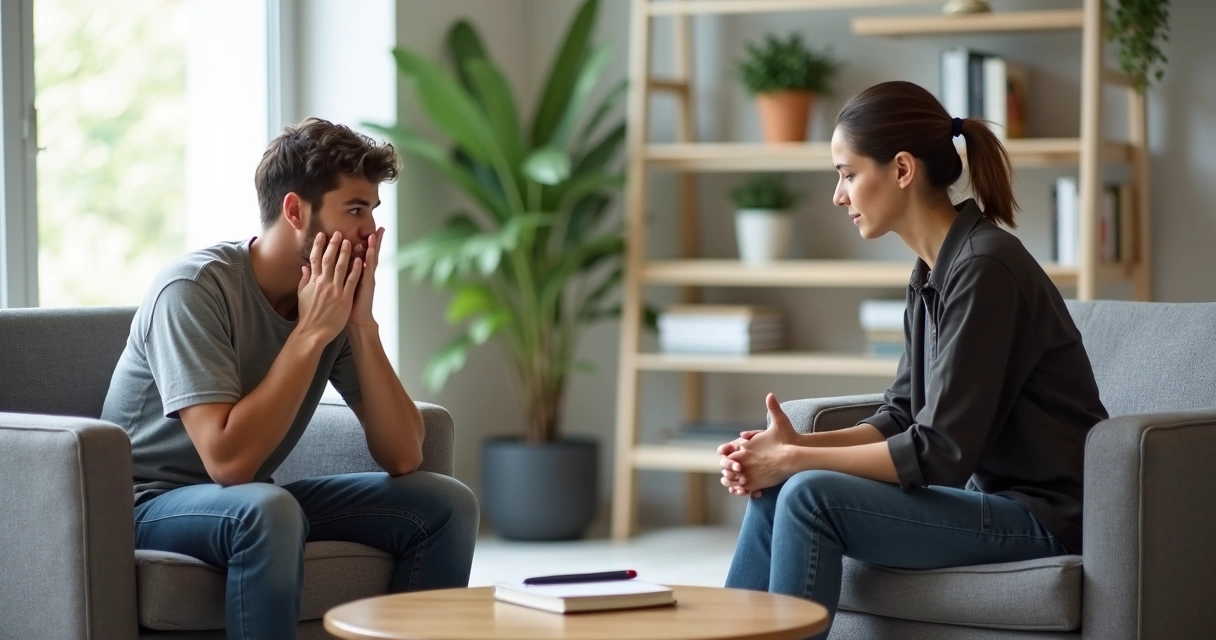 Pessoa ansiosa conversando com psicóloga em consultório moderno 