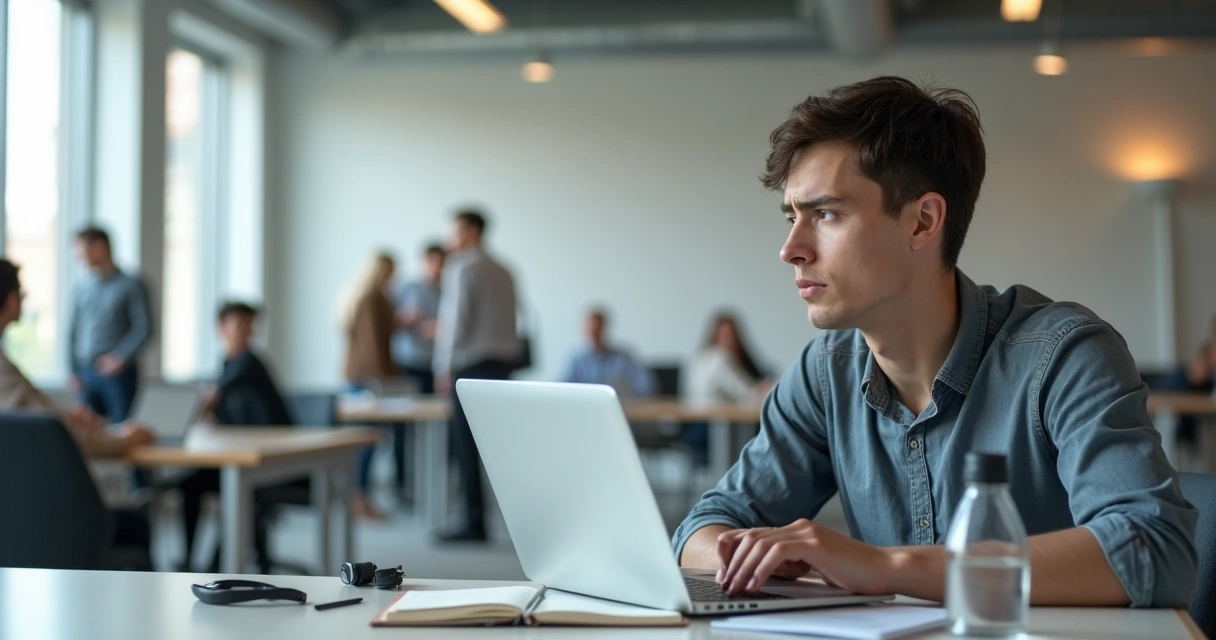 Profissional sentado em mesa de escritório aberto com expressão tensa e isolada dos colegas ao fundo 