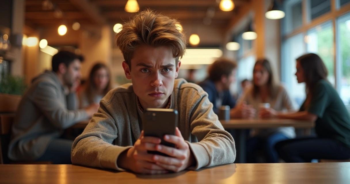 Pessoa olhando aflita para um celular em uma cafeteria.