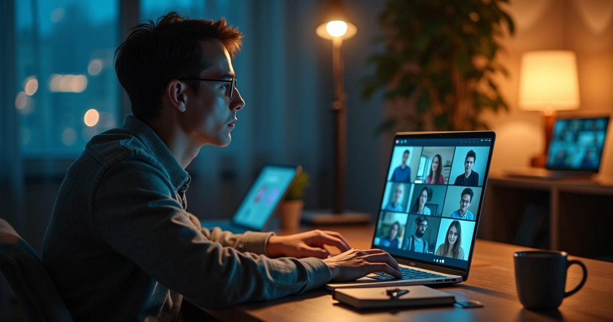 Profissional em home office com expressão preocupada rodeado por janelas de videochamada no notebook 
