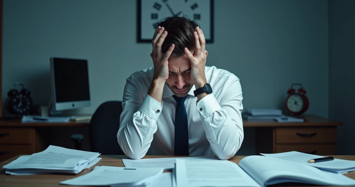 Trabalhador sentado à mesa, cabeça baixa, pilha de papéis, expressão de cansaço. 