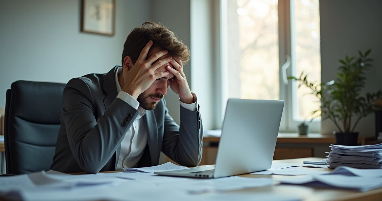 Pessoa sentada em frente ao computador, expressão preocupada, mão na cabeça, papéis espalhados na mesa. 