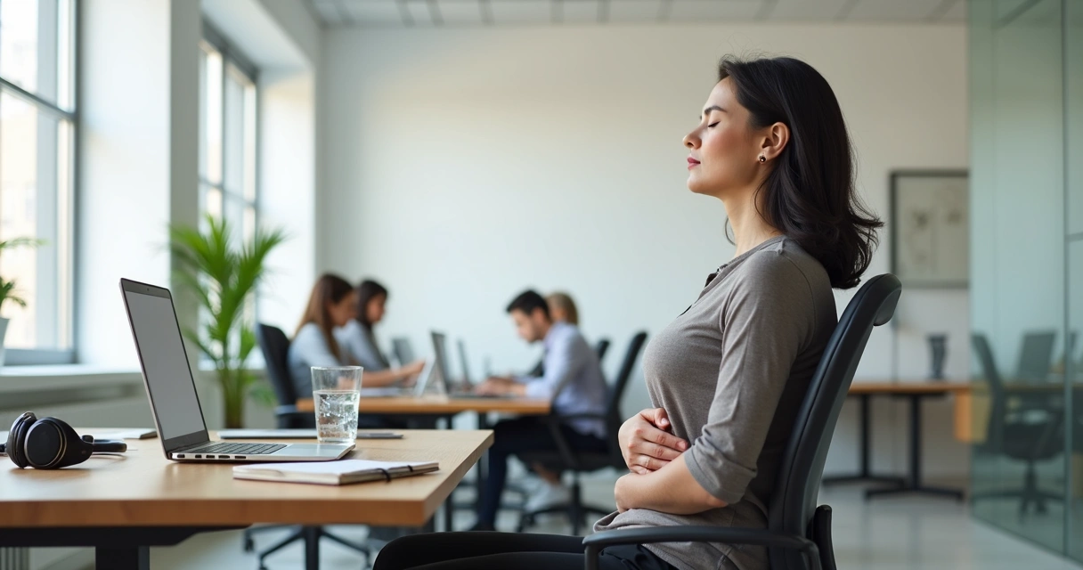 Mulher sentada em mesa de escritório respirando fundo para se acalmar durante o trabalho 