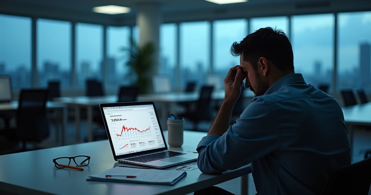 Colaborador sozinho em escritório vazio observando gráfico de produtividade em queda 