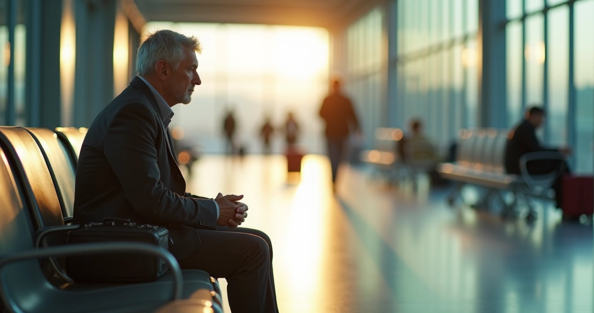 Pessoa sentada em um banco de estação olhando para frente em momento de transição e ansiedade 