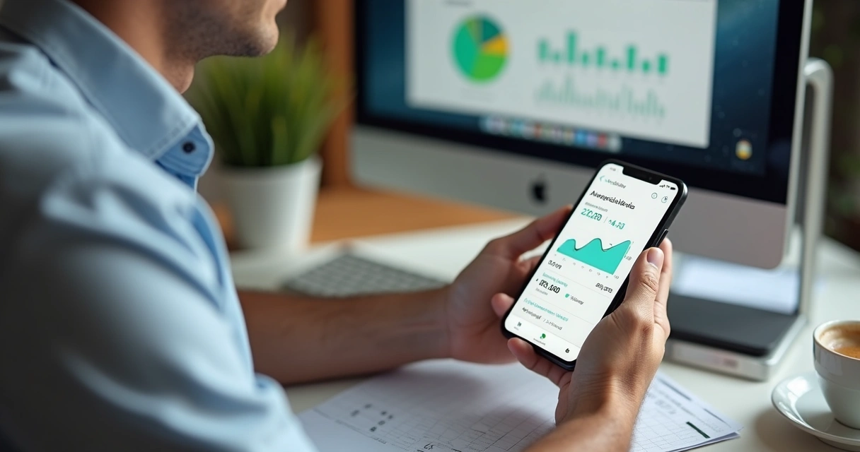 Empresário usando o celular analisando antecipação de recebíveis no app 