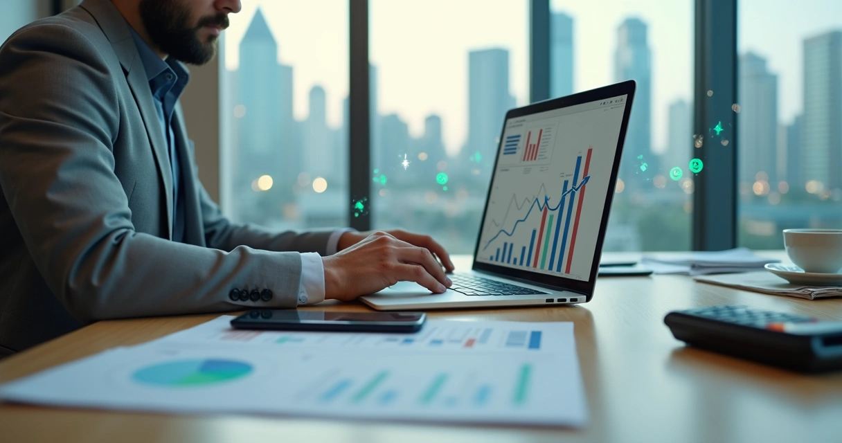 Empresário analisa antecipação de recebíveis em notebook com gráficos financeiros 