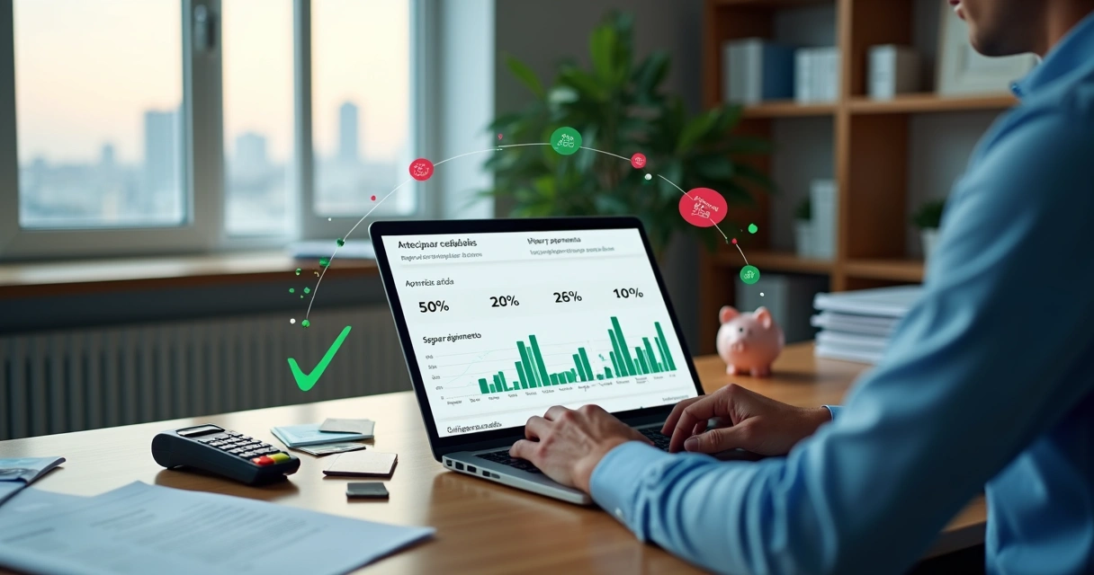 Empresário analisando gráficos de fluxo de caixa e antecipação de recebíveis no notebook 