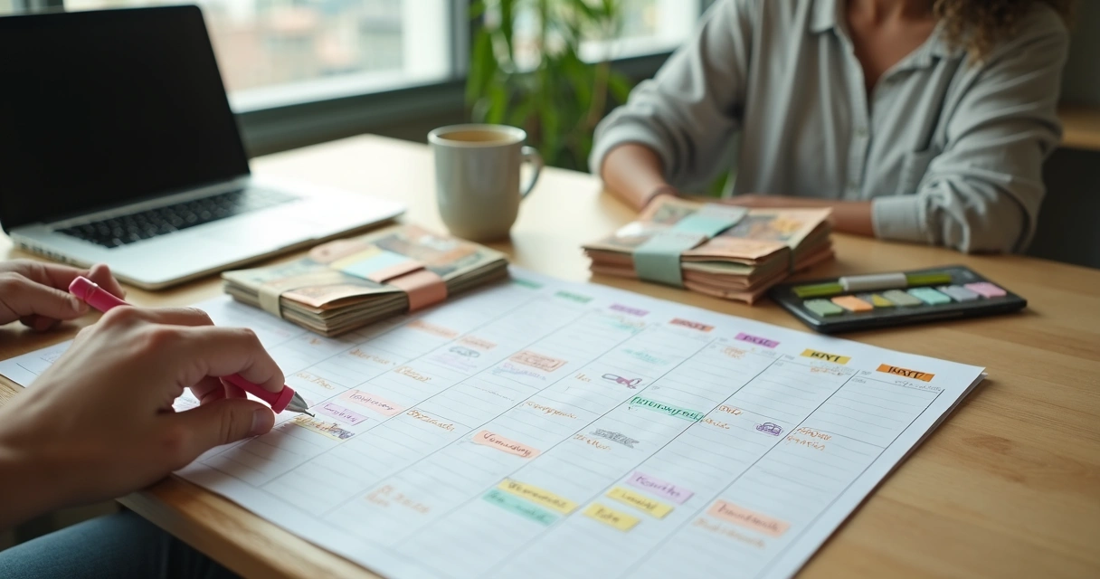 Pessoa organizando despesas anuais em calendário colorido de mesa 