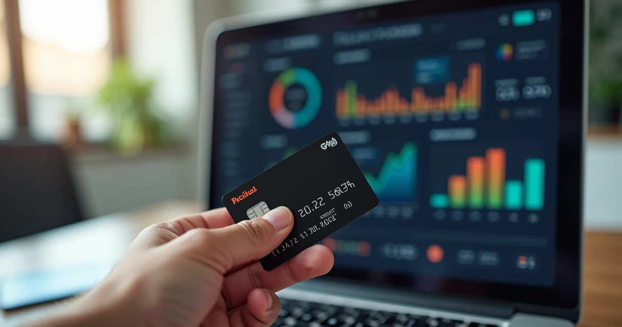 Mão masculina segurando cartão de crédito preto com gráficos financeiros ao fundo 