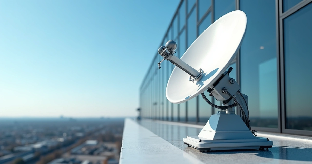 Antena de backup via satélite em telhado de edifício comercial 