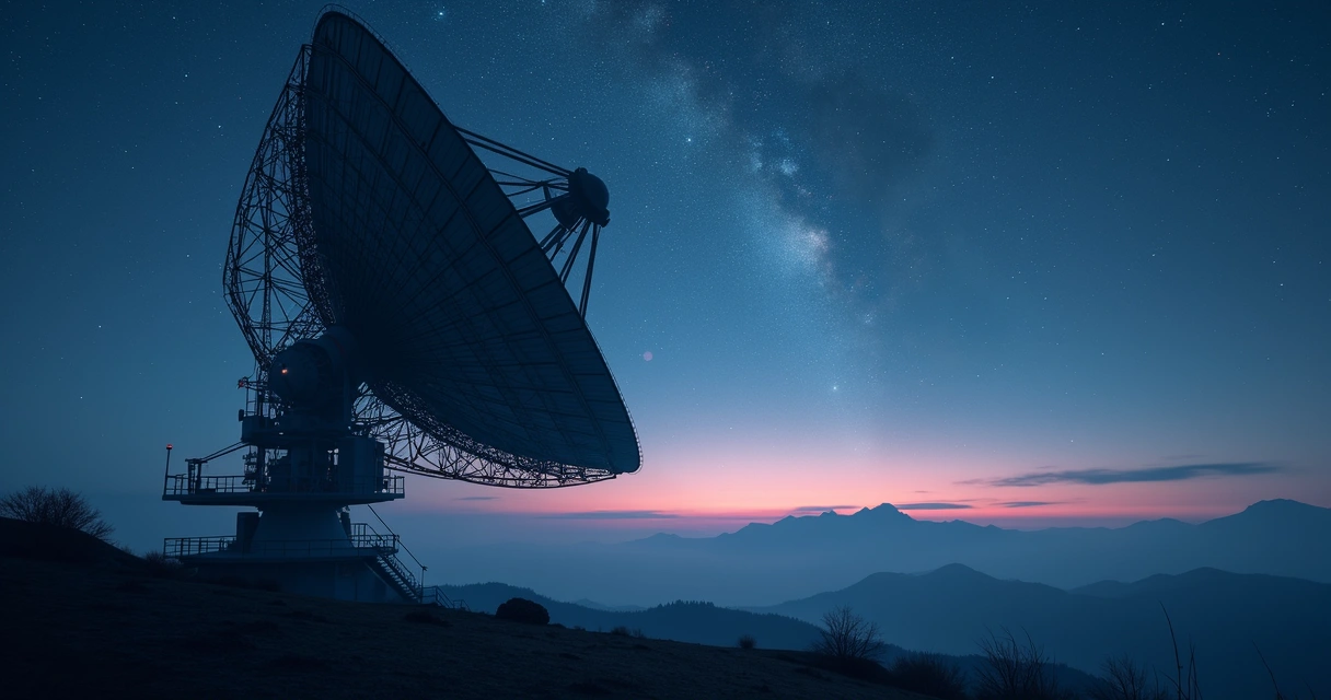 Radiotelescópio grande sob o céu estrelado 