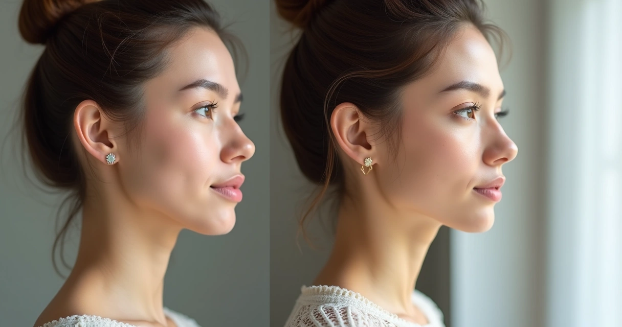 Antes e depois bichectomia em mulher, rosto ligeiramente mais fino, efeito natural 