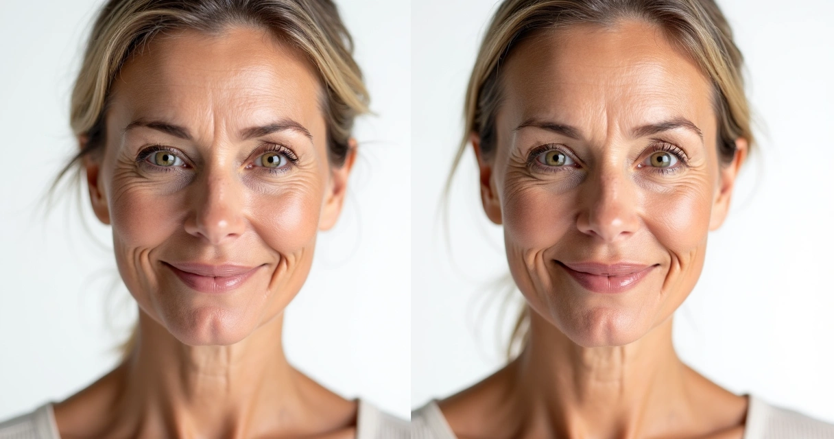 Comparação antes e depois do botox no pescoço de uma mulher madura 