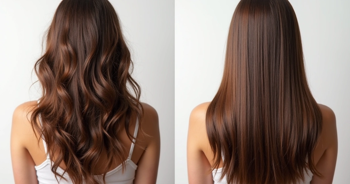 Antes e depois do cabelo tratado com óleo capilar profissional 