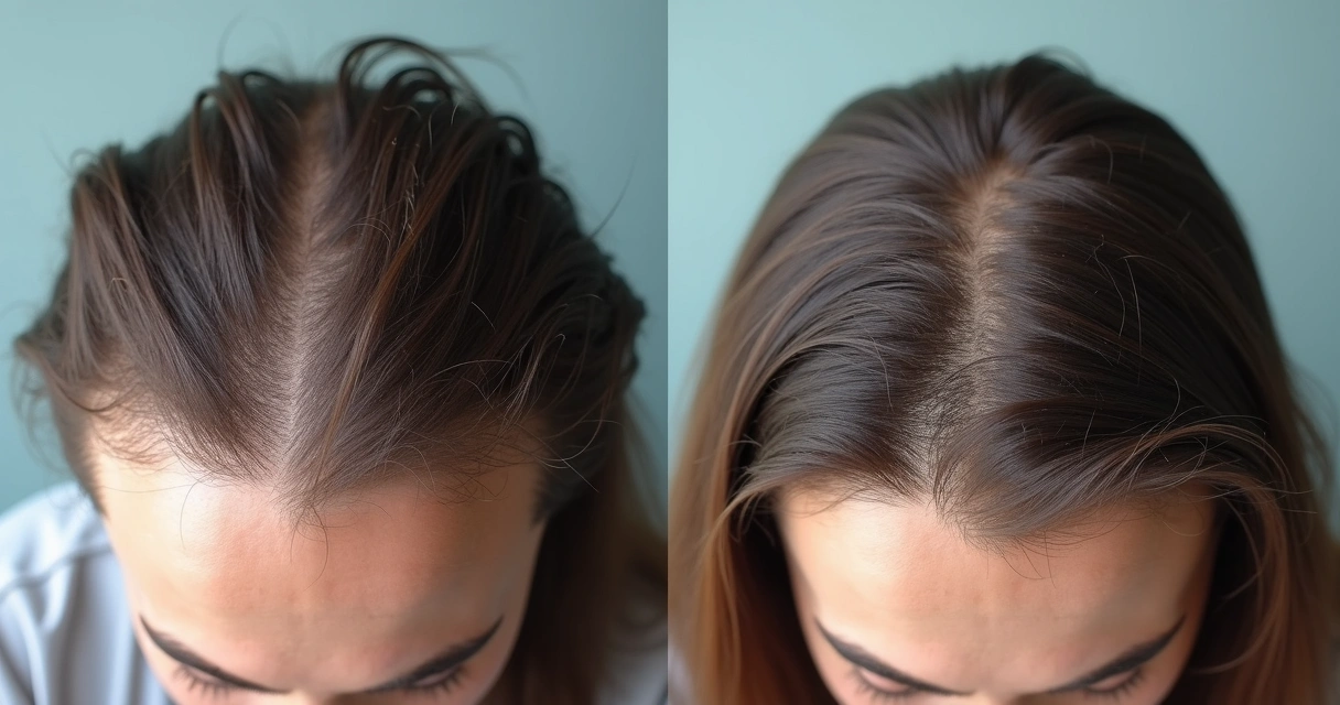 Comparação antes e depois do crescimento de cabelos ralos