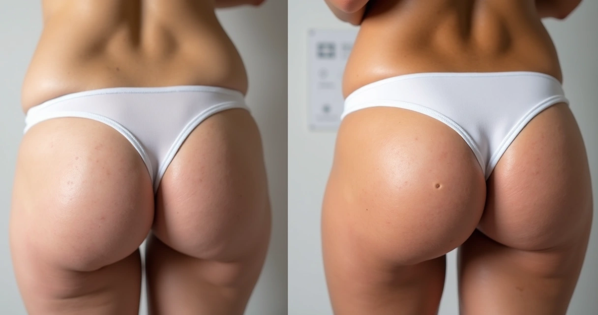 Comparação antes e depois de coxa feminina após tratamento de celulite. 