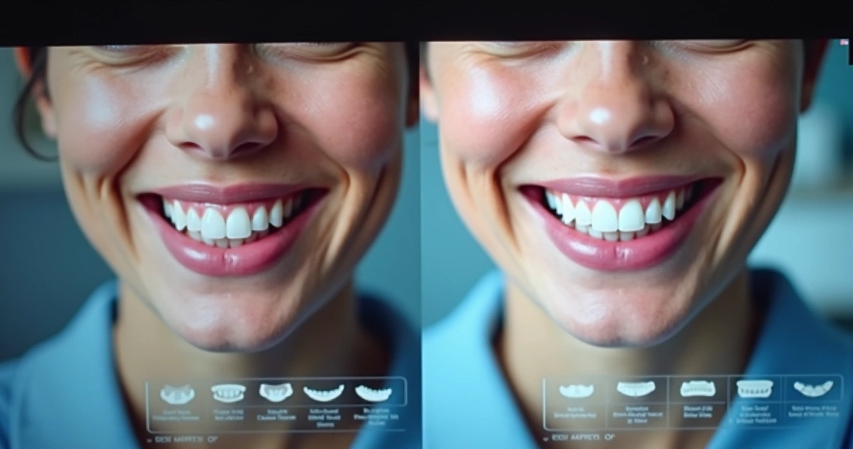 Imagem comparativa antes e depois de tratamento odontológico com explicação em gráfico. 
