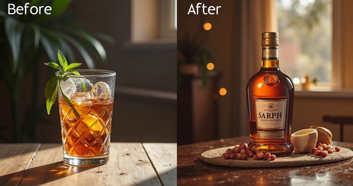 Comparação de foto de produto antes e depois da edição automática, mostrando melhora em cor e fundo