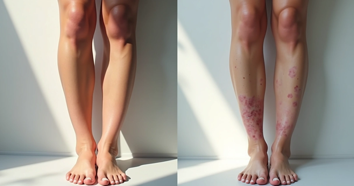 Pernas femininas antes e depois da escleroterapia, mostrando clareamento dos vasos 