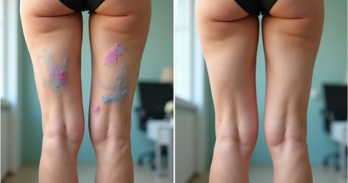 Antes e depois de escleroterapia com espuma em pernas de paciente de Campinas