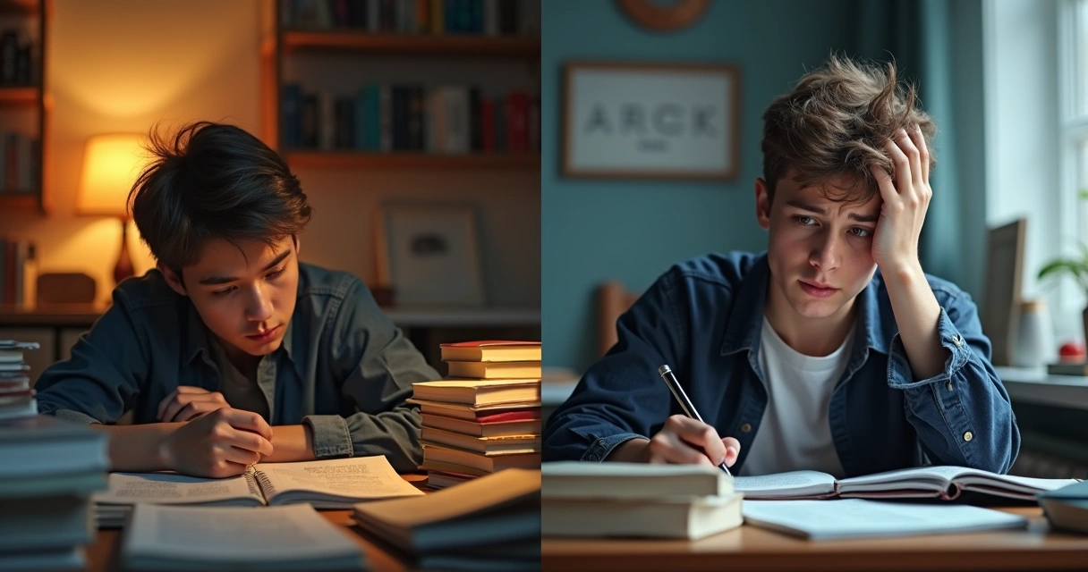 Aluno cansado estudando antes da prova, depois esquecido