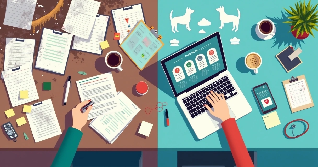 Comparação entre mesa cheia de papéis e fluxo digital de ficha anestésica veterinária 