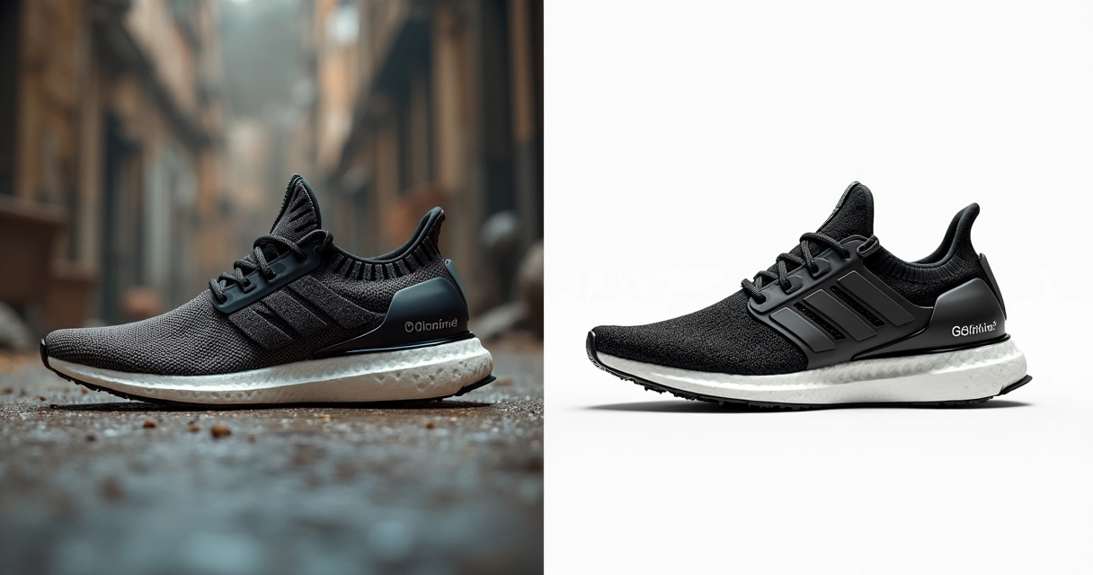 Comparação entre foto amadora com fundo bagunçado e foto profissional de produto em fundo branco 