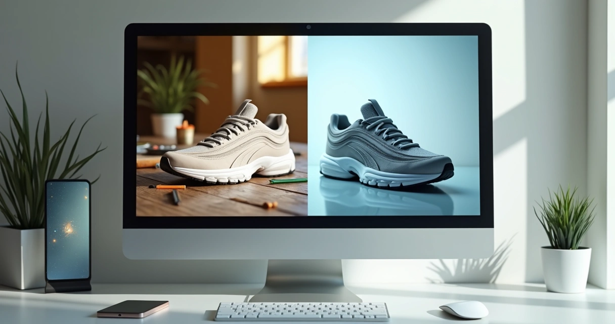 Comparação de foto amadora e imagem profissional de produto para site de e-commerce 