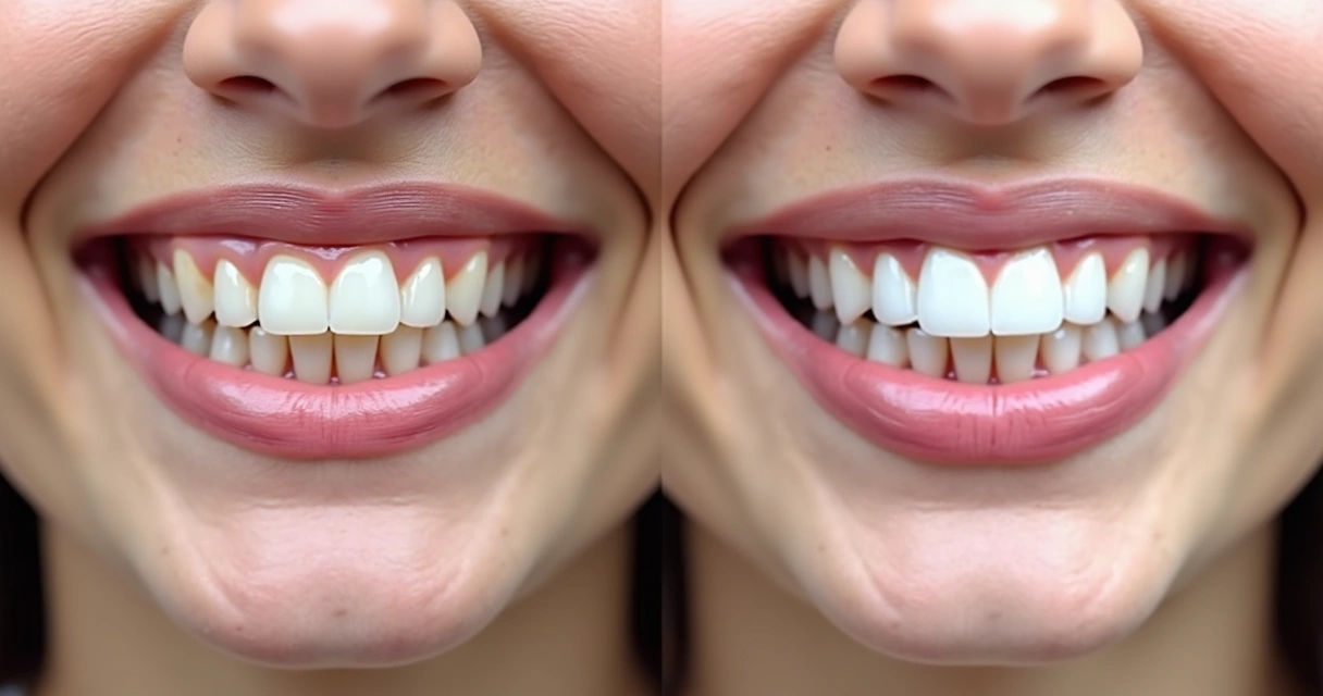 Antes e depois de sorriso restaurado com implante dentário de porcelana 