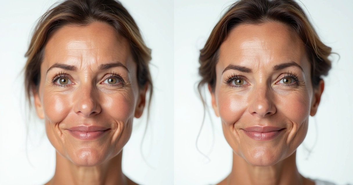 Mulher mostrando rosto antes e depois de lifting facial sem cirurgia 