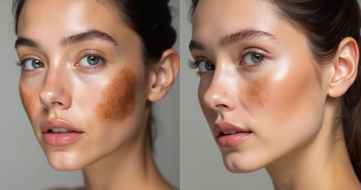 Comparação de rosto feminino antes e depois do clareamento de melasma 