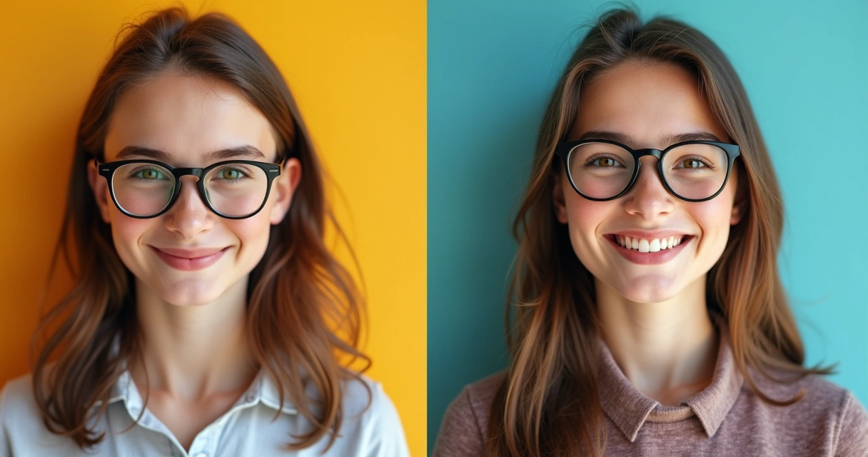 Jovem usando óculos antigos ao lado de foto com óculos novos, diferença visual nítida
