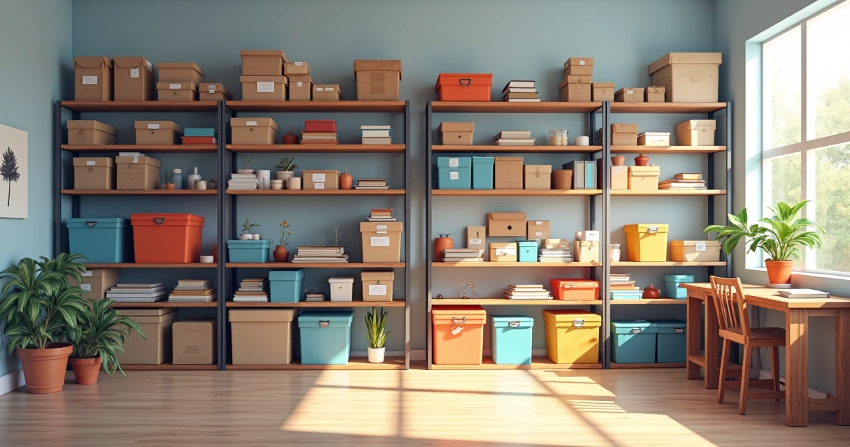 Comparação de antes e depois de ambiente organizado, mostrando prateleiras, caixas e etiquetas 