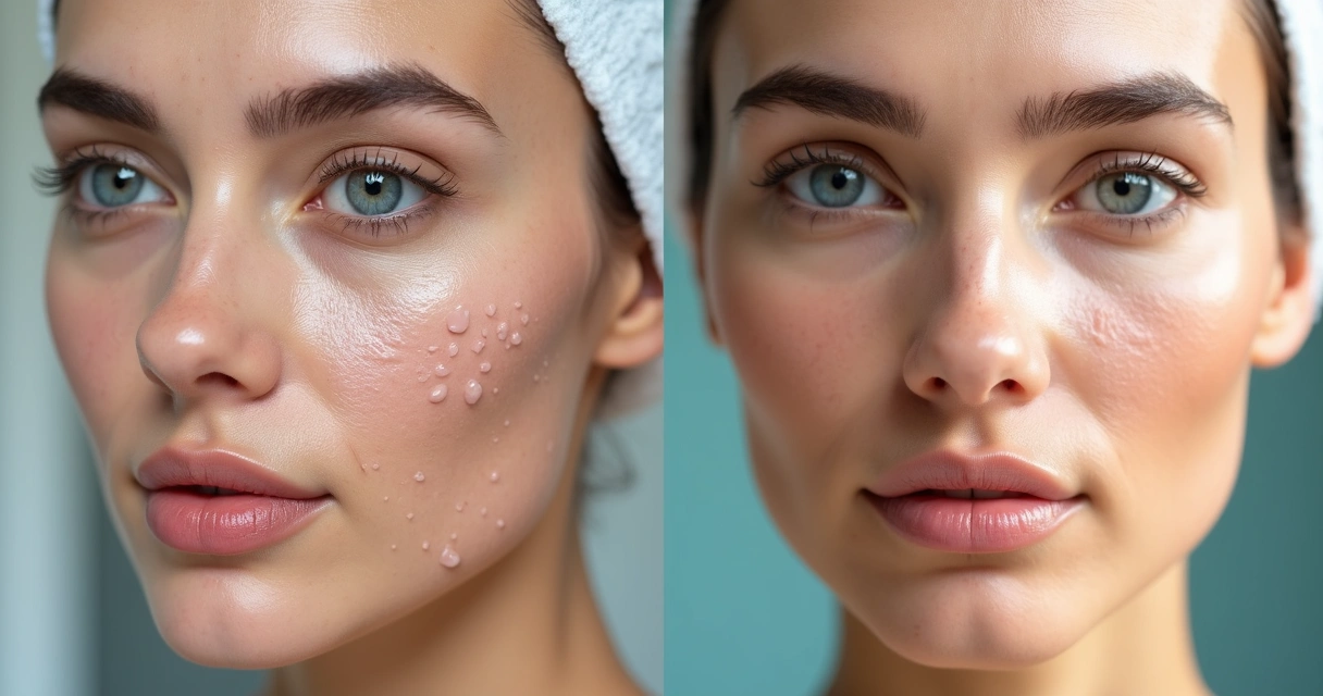 Rosto de mulher antes e depois do peeling químico, mostrando melhora na textura da pele. 