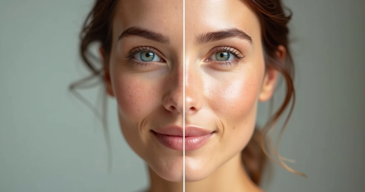 Colagem antes e depois de mulher usando creme facial 